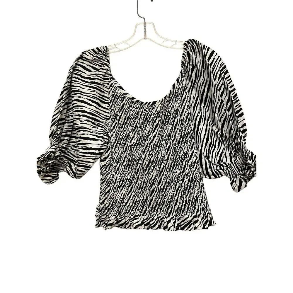 Faithfull The Brand Tani Smocked Linen Blouse Size 8 Zebra Puff Sleeve‎ Ruffle